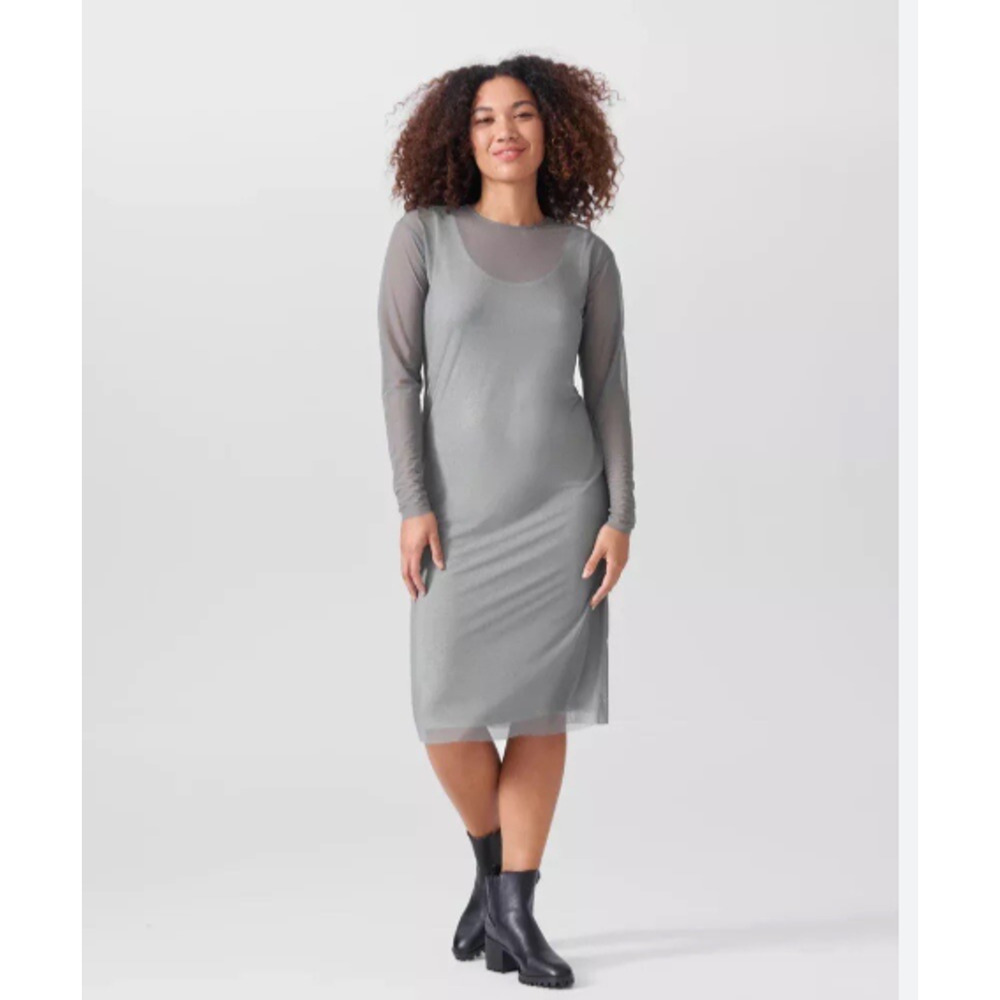 Universal Standard Thames Fog Dress Women's XL Gray Midi Mesh Sheer Layer Party